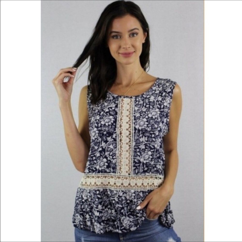NWOT Blue Sleeveless Top With Crochet Lace Sizes S, M, L